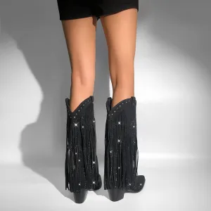 sexytag Women's Rhinestone Fringe Cowgirl Cowboy Boots for Women Knee High Wide Calf Tassal Western Boots