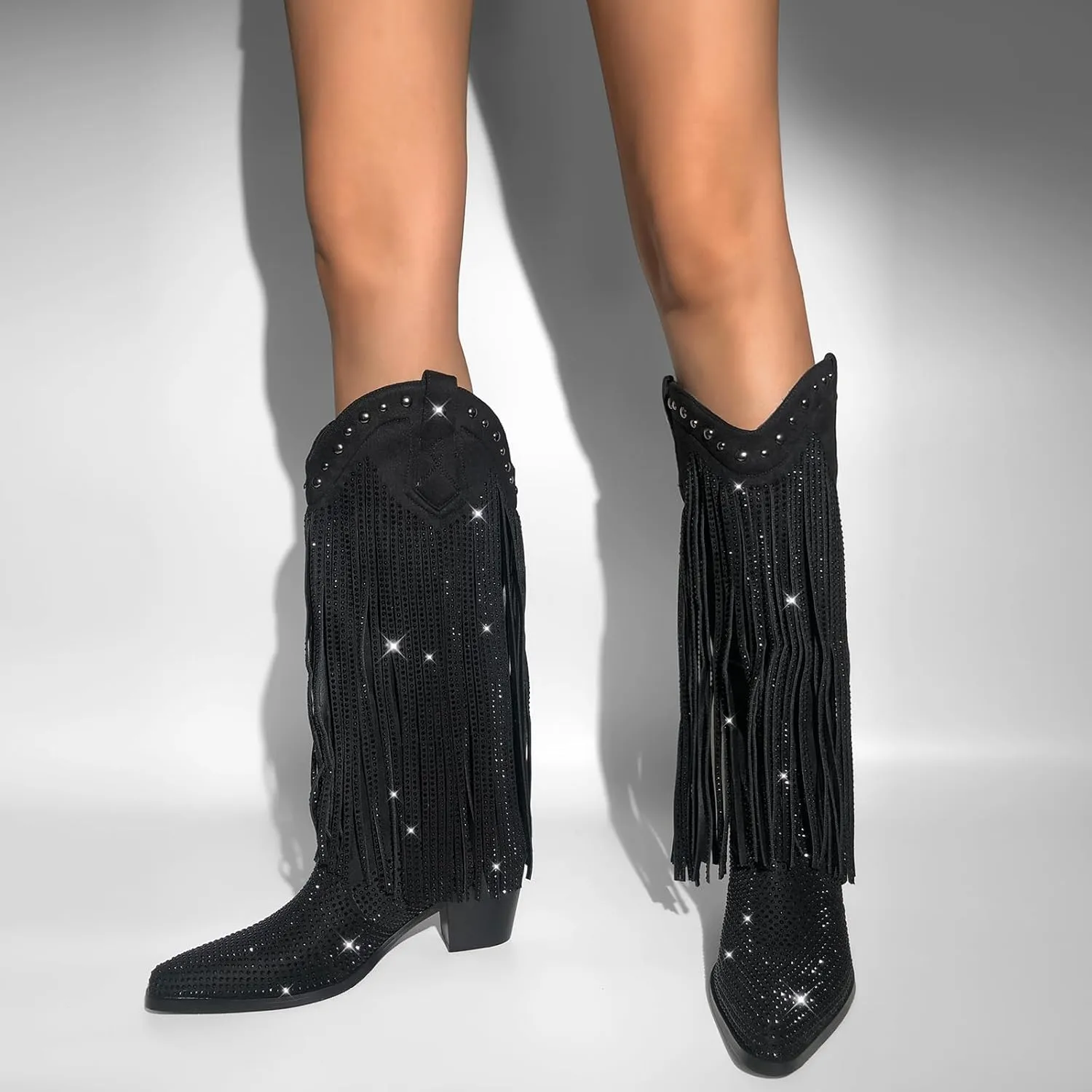 sexytag Women's Rhinestone Fringe Cowgirl Cowboy Boots for Women Knee High Wide Calf Tassal Western Boots