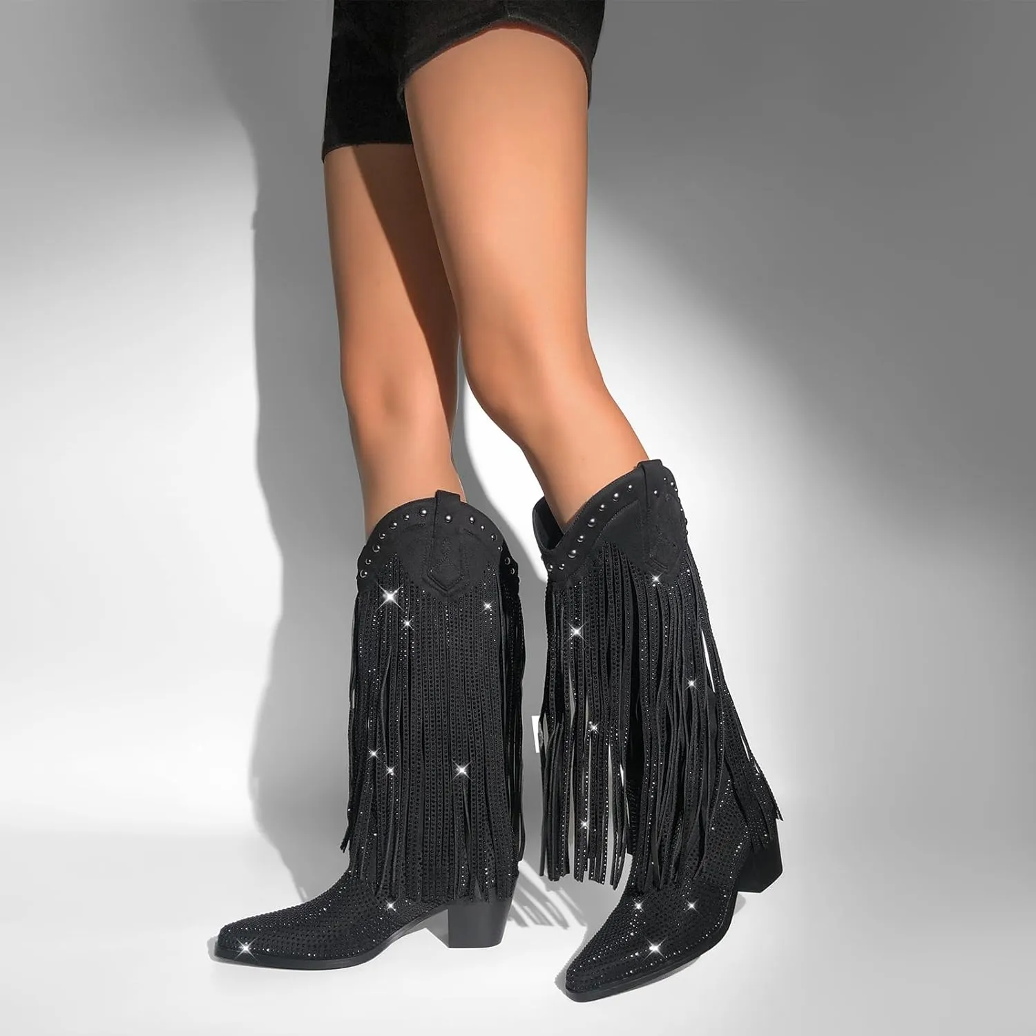 sexytag Women's Rhinestone Fringe Cowgirl Cowboy Boots for Women Knee High Wide Calf Tassal Western Boots