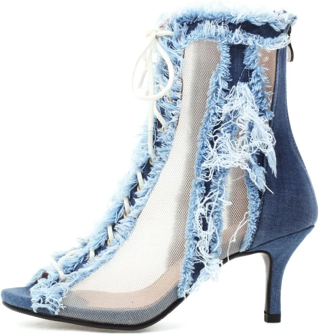 SHEMEE Women's Denim Patchwork Mesh Peep Toe High Heels Sandals Booties Lace Up Summer Open-toe Back Zipper Short Ankle Boots