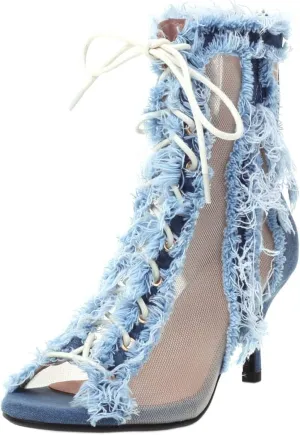 SHEMEE Women's Denim Patchwork Mesh Peep Toe High Heels Sandals Booties Lace Up Summer Open-toe Back Zipper Short Ankle Boots