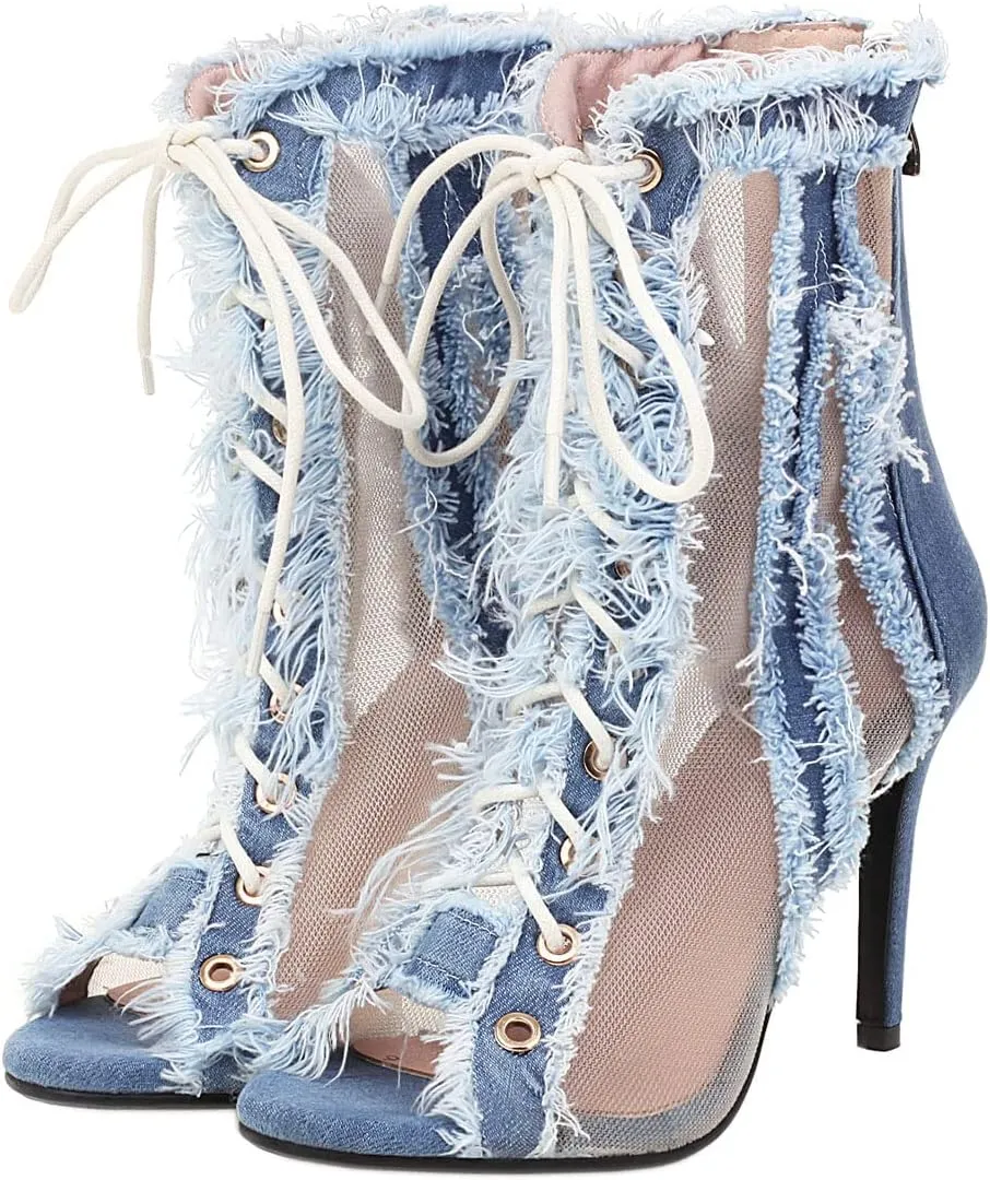 SHEMEE Women's Denim Patchwork Mesh Peep Toe High Heels Sandals Booties Lace Up Summer Open-toe Back Zipper Short Ankle Boots
