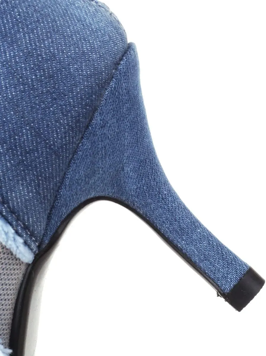 SHEMEE Women's Denim Patchwork Mesh Peep Toe High Heels Sandals Booties Lace Up Summer Open-toe Back Zipper Short Ankle Boots