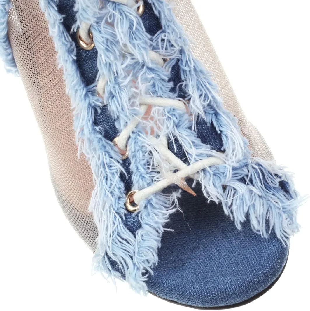 SHEMEE Women's Denim Patchwork Mesh Peep Toe High Heels Sandals Booties Lace Up Summer Open-toe Back Zipper Short Ankle Boots