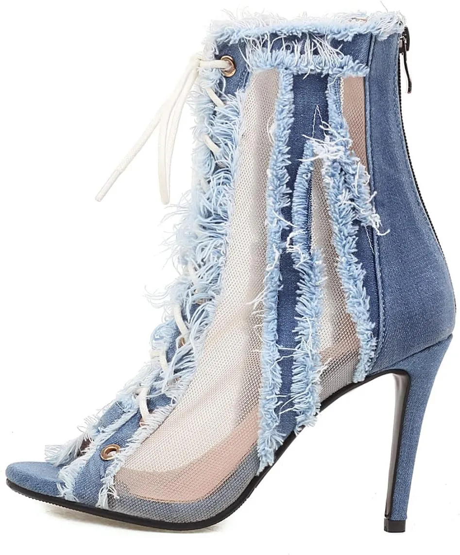 SHEMEE Women's Denim Patchwork Mesh Peep Toe High Heels Sandals Booties Lace Up Summer Open-toe Back Zipper Short Ankle Boots