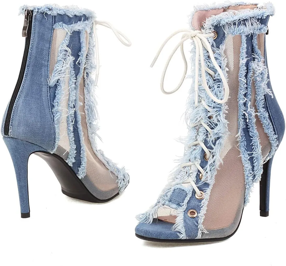 SHEMEE Women's Denim Patchwork Mesh Peep Toe High Heels Sandals Booties Lace Up Summer Open-toe Back Zipper Short Ankle Boots