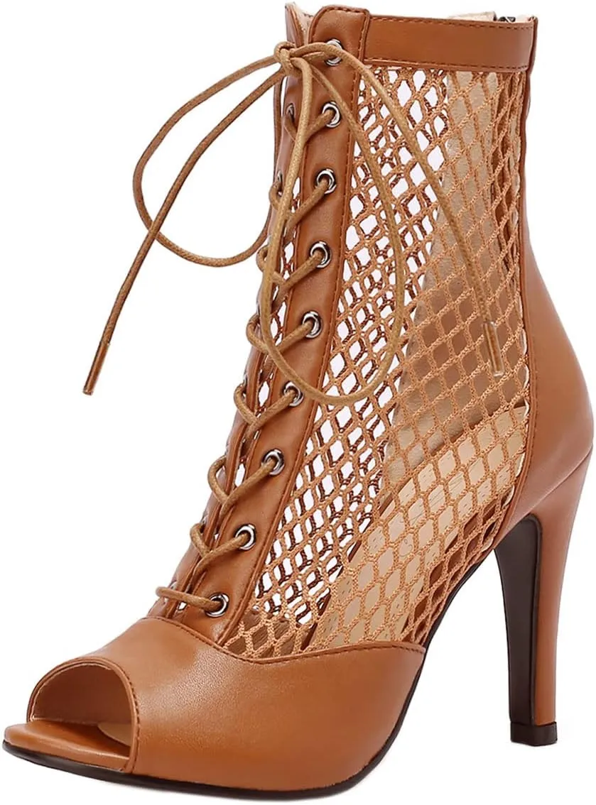 SHEMEE Women's Peep Toe Mesh Stiletto High Heels Ankle Boots Lace Up Summer Fishnet Open-toe Sandals Booties with Back Zipper
