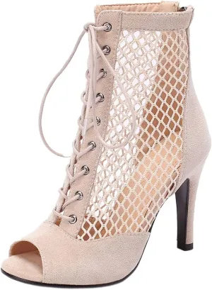 SHEMEE Women's Peep Toe Mesh Stiletto High Heels Ankle Boots Lace Up Summer Fishnet Open-toe Sandals Booties with Back Zipper