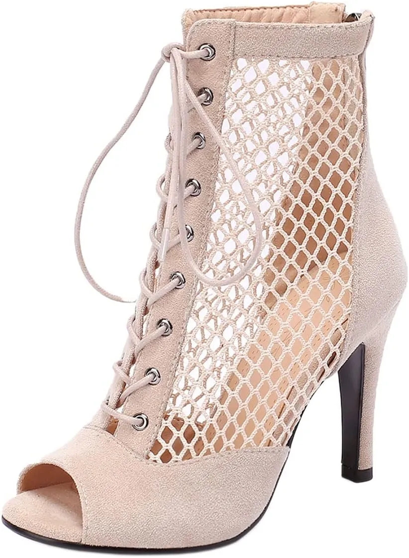 SHEMEE Women's Peep Toe Mesh Stiletto High Heels Ankle Boots Lace Up Summer Fishnet Open-toe Sandals Booties with Back Zipper