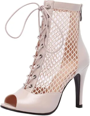 SHEMEE Women's Peep Toe Mesh Stiletto High Heels Ankle Boots Lace Up Summer Fishnet Open-toe Sandals Booties with Back Zipper