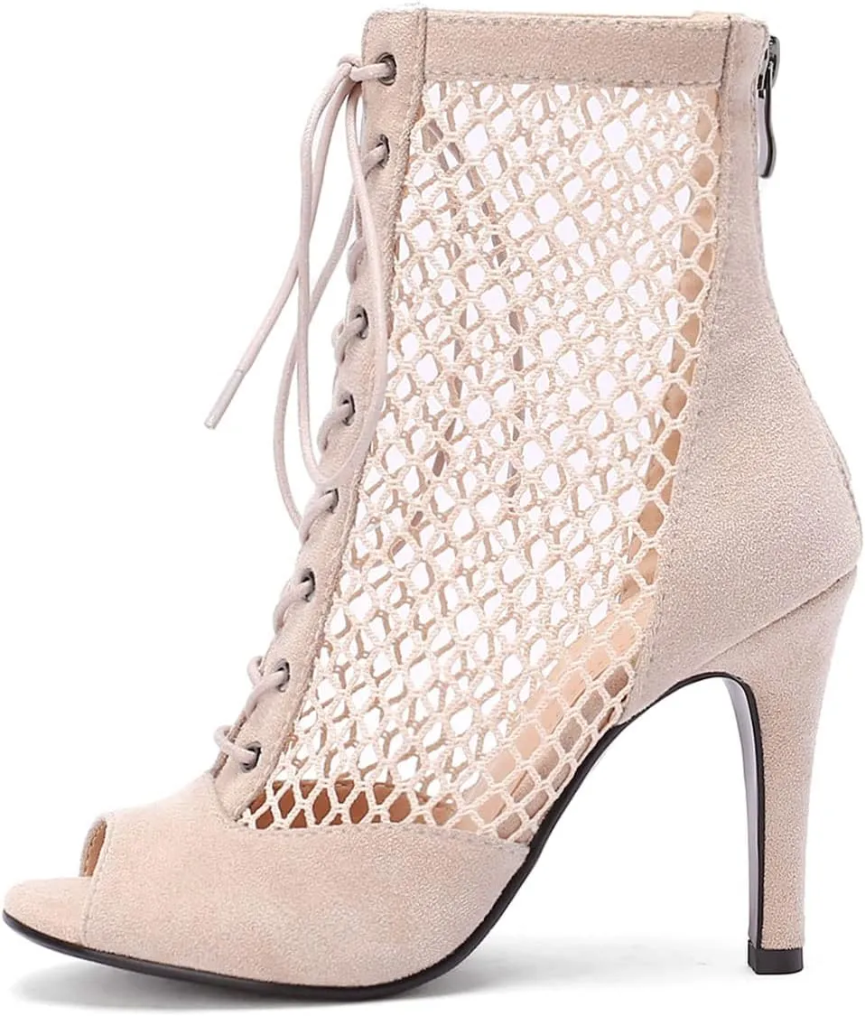 SHEMEE Women's Peep Toe Mesh Stiletto High Heels Ankle Boots Lace Up Summer Fishnet Open-toe Sandals Booties with Back Zipper