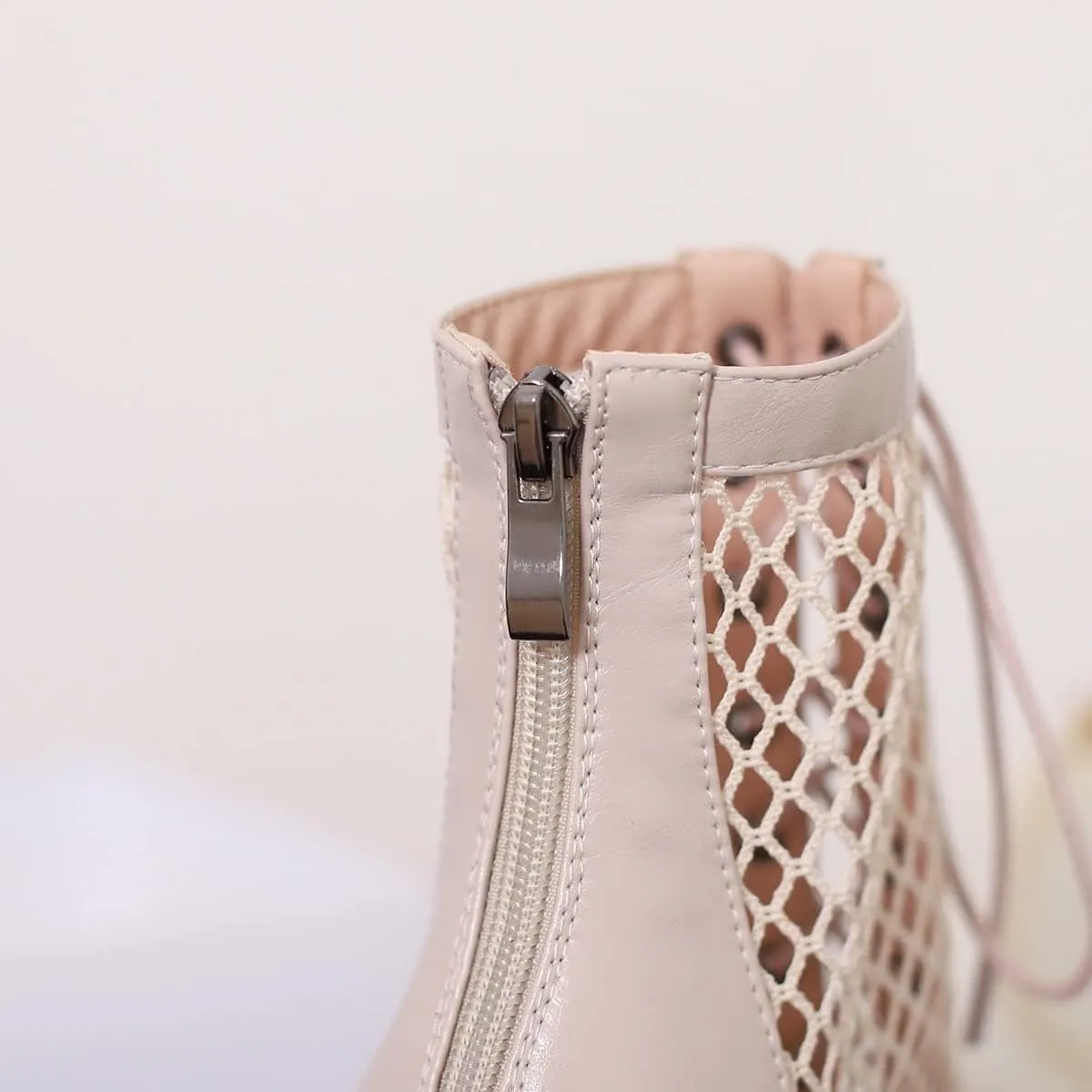 SHEMEE Women's Peep Toe Mesh Stiletto High Heels Ankle Boots Lace Up Summer Fishnet Open-toe Sandals Booties with Back Zipper