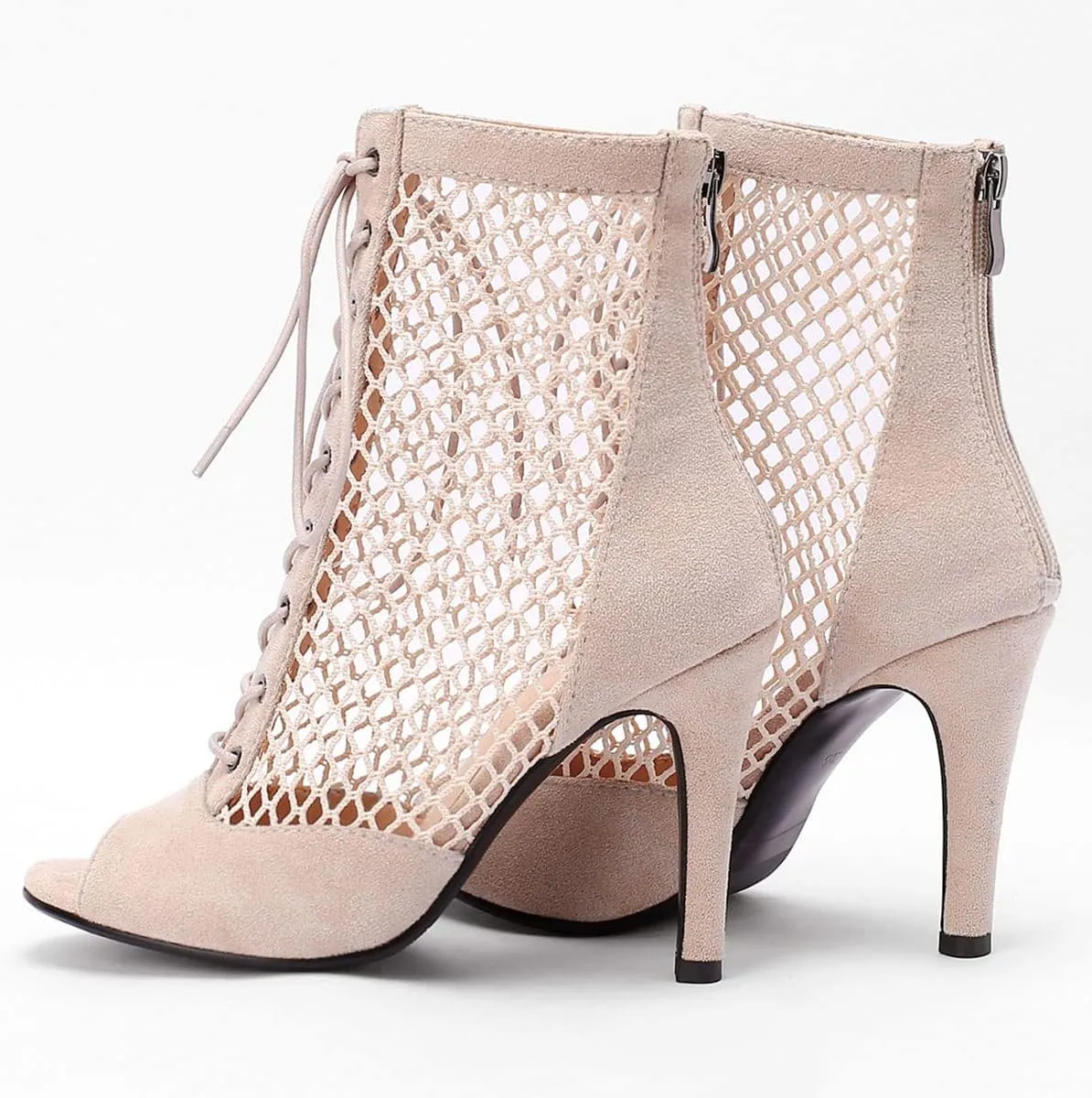 SHEMEE Women's Peep Toe Mesh Stiletto High Heels Ankle Boots Lace Up Summer Fishnet Open-toe Sandals Booties with Back Zipper