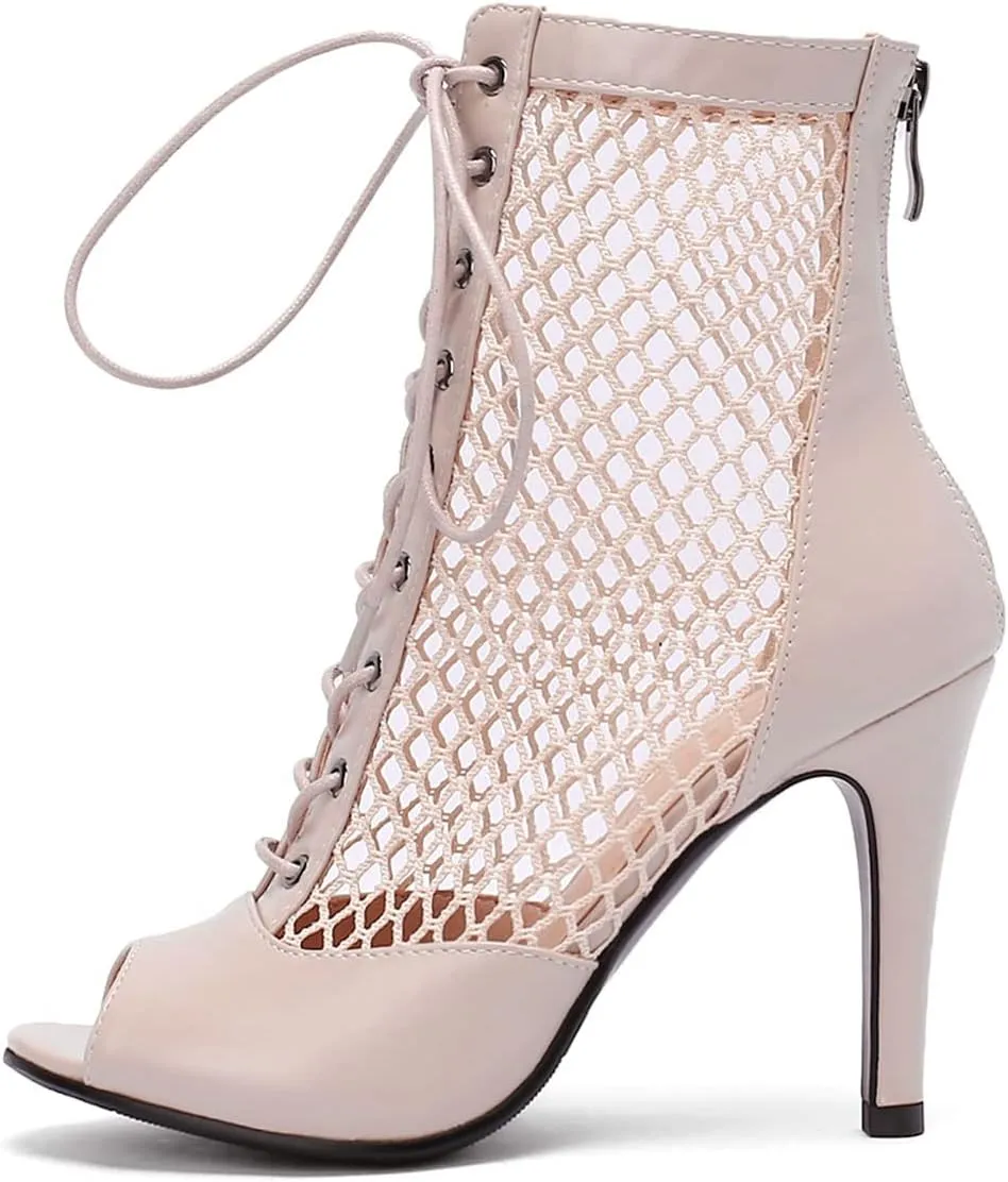 SHEMEE Women's Peep Toe Mesh Stiletto High Heels Ankle Boots Lace Up Summer Fishnet Open-toe Sandals Booties with Back Zipper