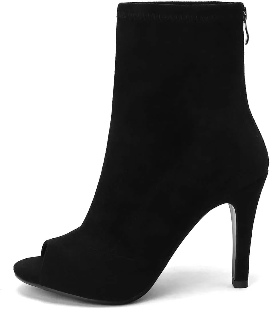 SHEMEE Women's Summer Peep Toe Stiletto High Heels Ankle Boots Faux Suede Open Toe Sandals Booties Shoes with Back Zipper