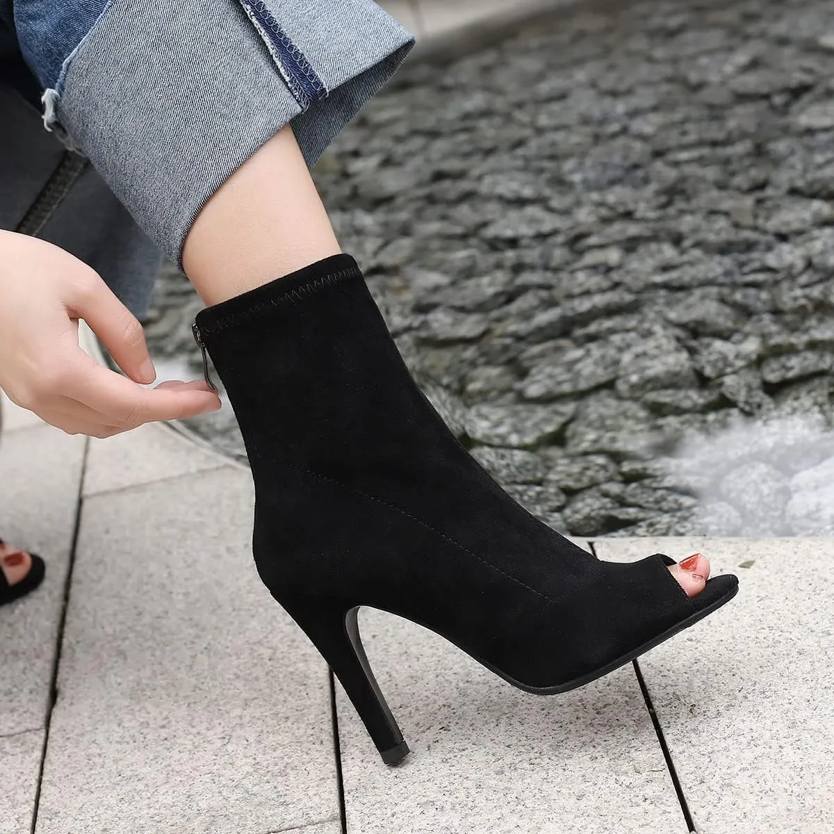 SHEMEE Women's Summer Peep Toe Stiletto High Heels Ankle Boots Faux Suede Open Toe Sandals Booties Shoes with Back Zipper