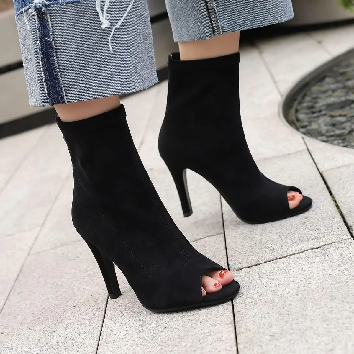 SHEMEE Women's Summer Peep Toe Stiletto High Heels Ankle Boots Faux Suede Open Toe Sandals Booties Shoes with Back Zipper