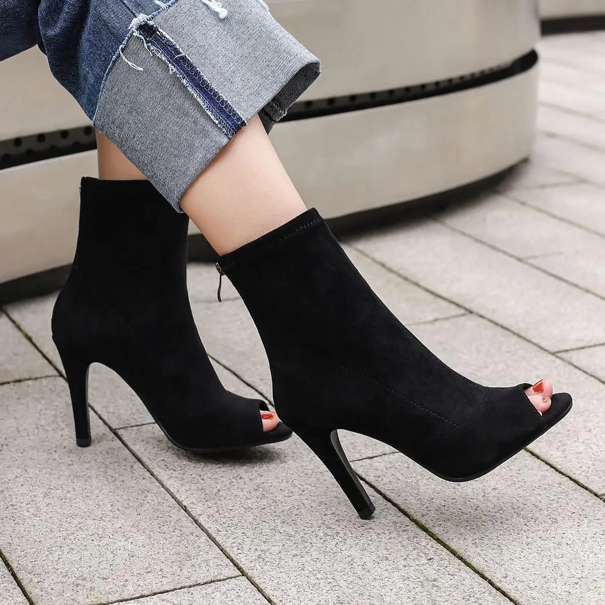 SHEMEE Women's Summer Peep Toe Stiletto High Heels Ankle Boots Faux Suede Open Toe Sandals Booties Shoes with Back Zipper