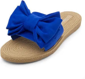 Shoe Land SL-Nylah Womens Flat Sandals Fashion Knot Bow Slides Open Toe Dressy Sandal Slip on Slippers Black Red Beige Fuchsia Green Blue Flat Sandals for Summer Beach Vacation