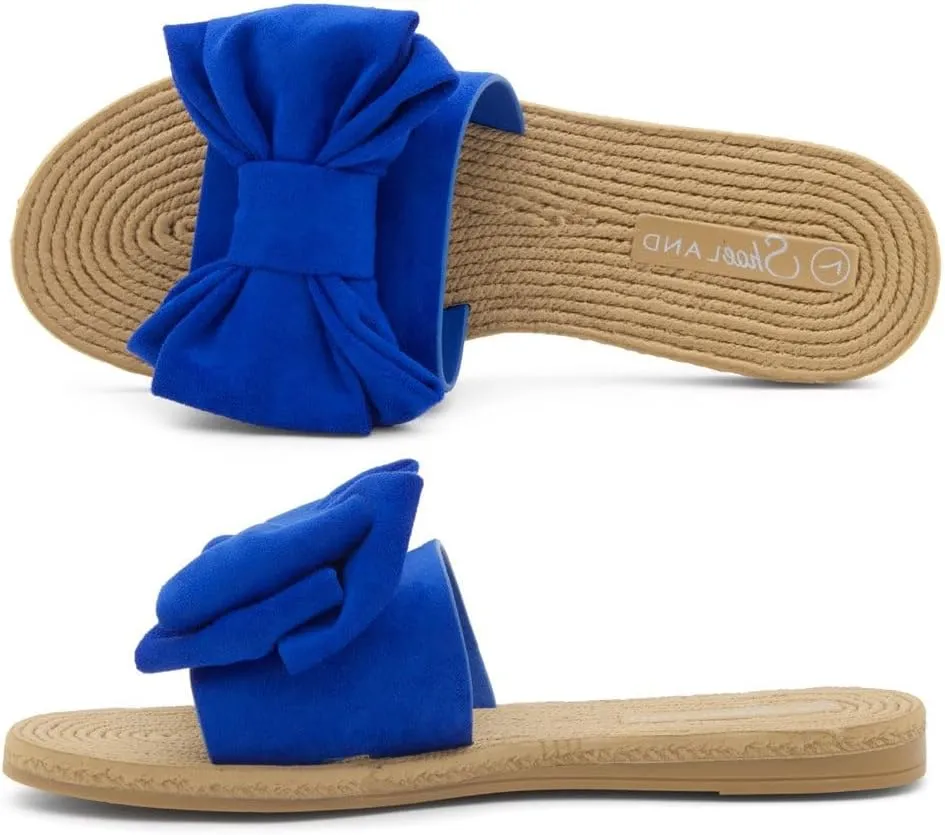 Shoe Land SL-Nylah Womens Flat Sandals Fashion Knot Bow Slides Open Toe Dressy Sandal Slip on Slippers Black Red Beige Fuchsia Green Blue Flat Sandals for Summer Beach Vacation