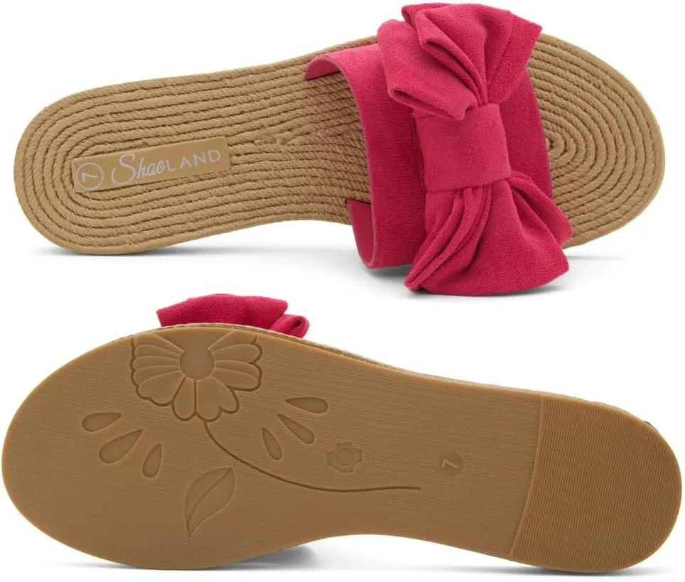 Shoe Land SL-Nylah Womens Flat Sandals Fashion Knot Bow Slides Open Toe Dressy Sandal Slip on Slippers Black Red Beige Fuchsia Green Blue Flat Sandals for Summer Beach Vacation