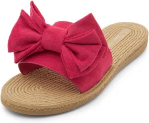 Shoe Land SL-Nylah Womens Flat Sandals Fashion Knot Bow Slides Open Toe Dressy Sandal Slip on Slippers Black Red Beige Fuchsia Green Blue Flat Sandals for Summer Beach Vacation