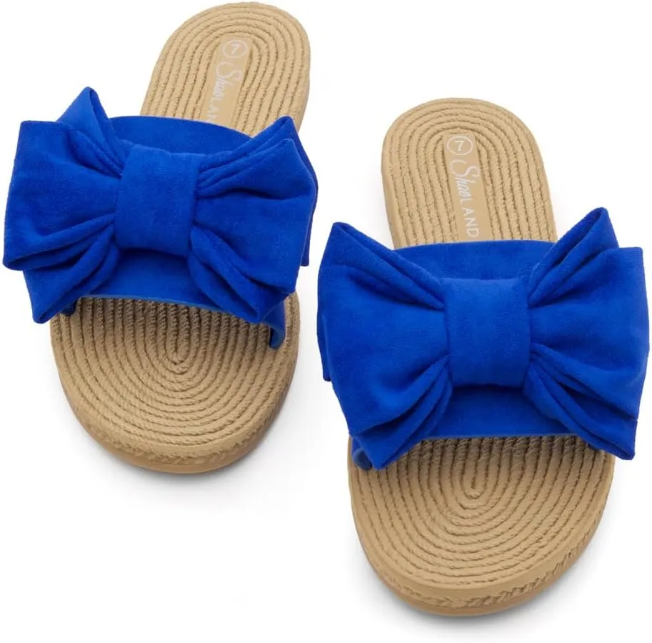 Shoe Land SL-Nylah Womens Flat Sandals Fashion Knot Bow Slides Open Toe Dressy Sandal Slip on Slippers Black Red Beige Fuchsia Green Blue Flat Sandals for Summer Beach Vacation