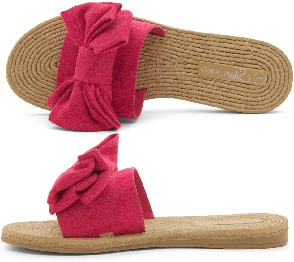 Shoe Land SL-Nylah Womens Flat Sandals Fashion Knot Bow Slides Open Toe Dressy Sandal Slip on Slippers Black Red Beige Fuchsia Green Blue Flat Sandals for Summer Beach Vacation