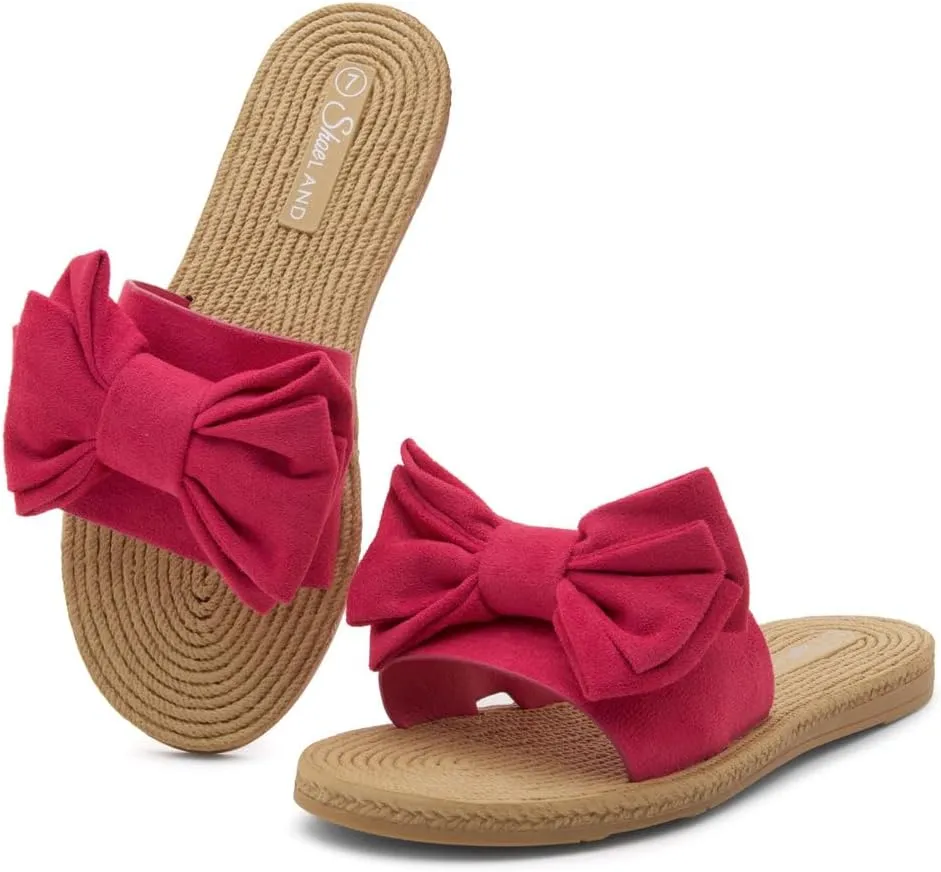Shoe Land SL-Nylah Womens Flat Sandals Fashion Knot Bow Slides Open Toe Dressy Sandal Slip on Slippers Black Red Beige Fuchsia Green Blue Flat Sandals for Summer Beach Vacation