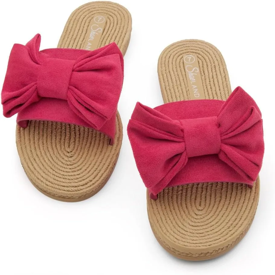 Shoe Land SL-Nylah Womens Flat Sandals Fashion Knot Bow Slides Open Toe Dressy Sandal Slip on Slippers Black Red Beige Fuchsia Green Blue Flat Sandals for Summer Beach Vacation