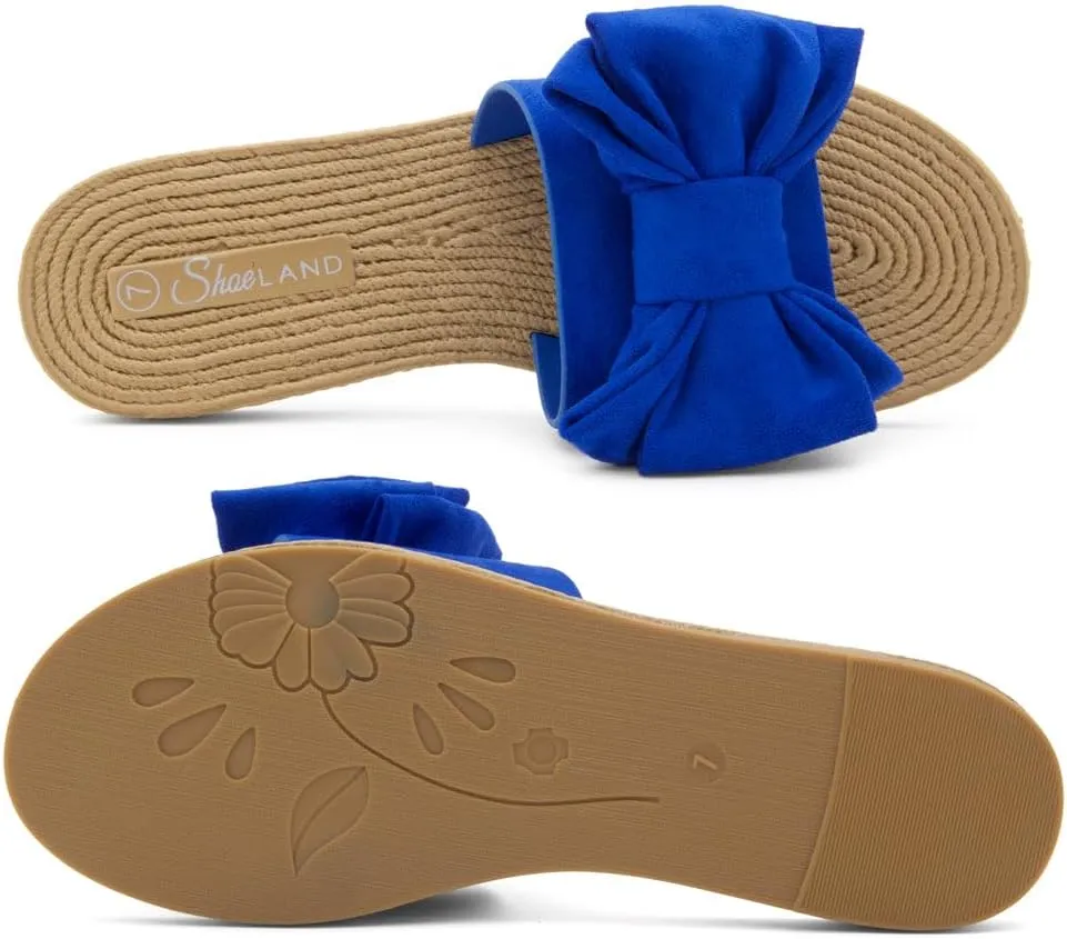 Shoe Land SL-Nylah Womens Flat Sandals Fashion Knot Bow Slides Open Toe Dressy Sandal Slip on Slippers Black Red Beige Fuchsia Green Blue Flat Sandals for Summer Beach Vacation