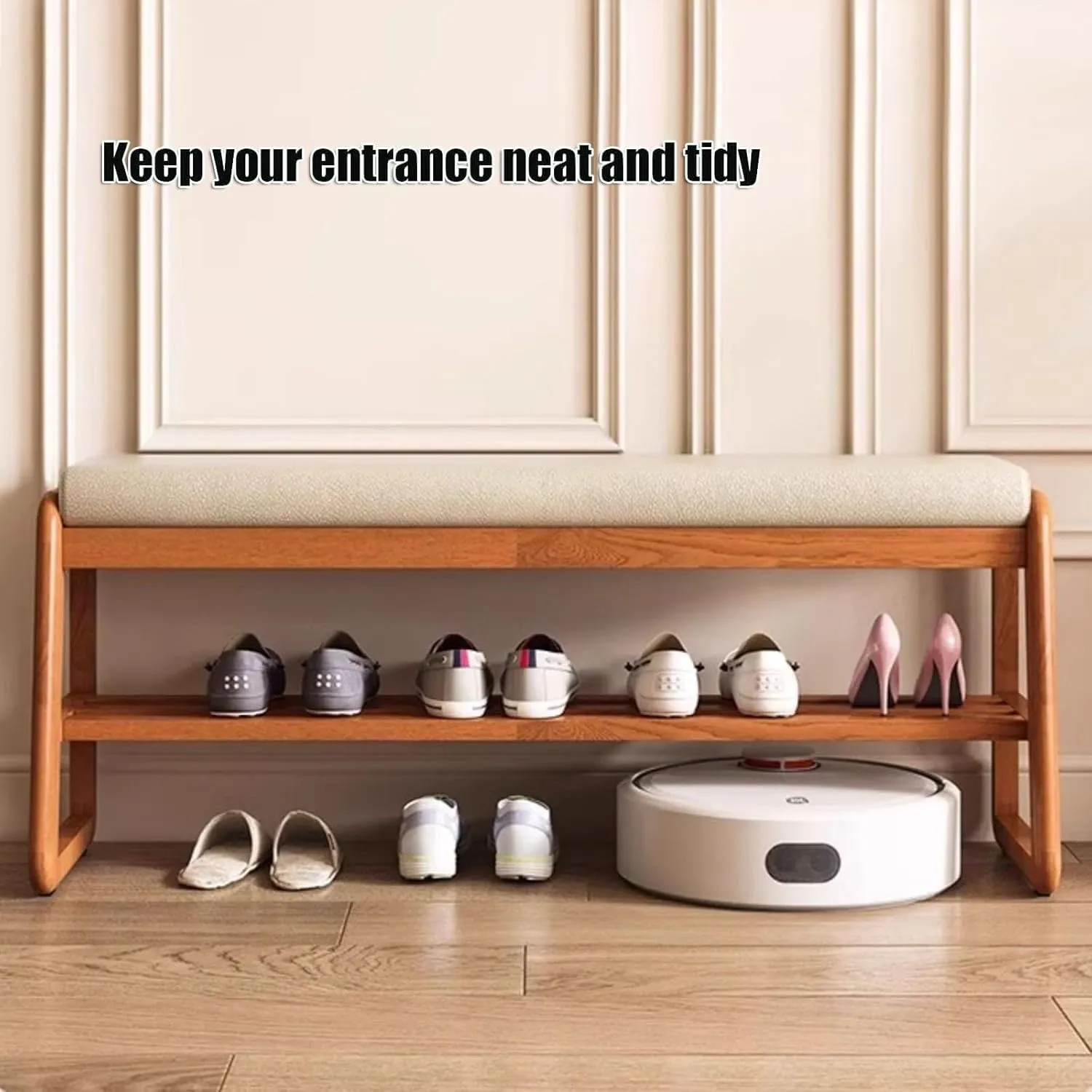 Shoe Organizer Storage Bench, Entryway Bench with Leather Cushion, 2 Tier Solid Wood Ottoman Bench, Mid Century Modern Shoe Rack for Living Room, Hallway(Dark Color,55cm/21.7inch)