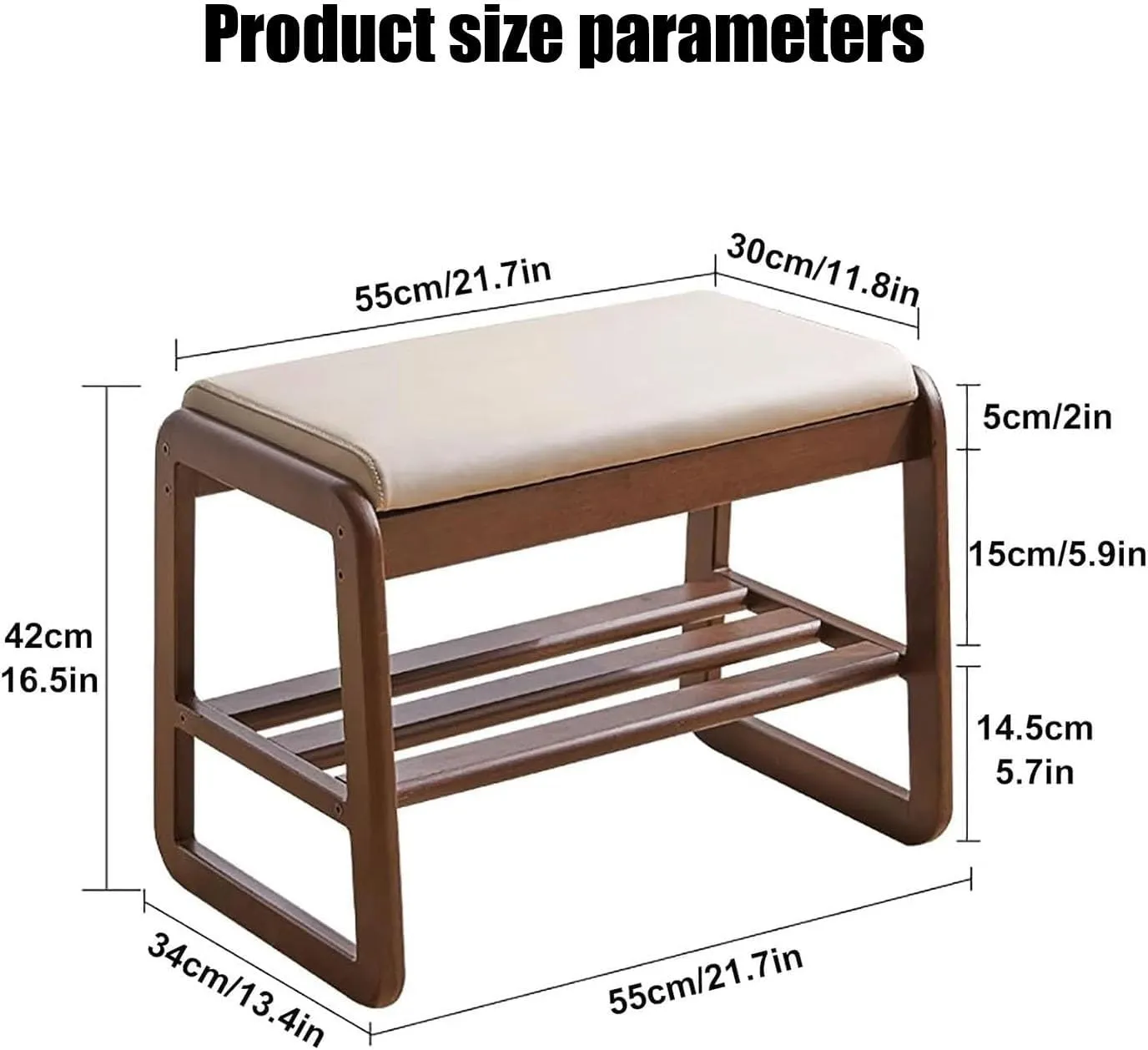 Shoe Organizer Storage Bench, Entryway Bench with Leather Cushion, 2 Tier Solid Wood Ottoman Bench, Mid Century Modern Shoe Rack for Living Room, Hallway(Dark Color,55cm/21.7inch)