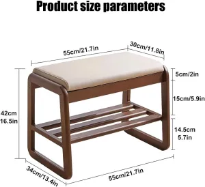 Shoe Organizer Storage Bench, Entryway Bench with Leather Cushion, 2 Tier Solid Wood Ottoman Bench, Mid Century Modern Shoe Rack for Living Room, Hallway(Dark Color,55cm/21.7inch)