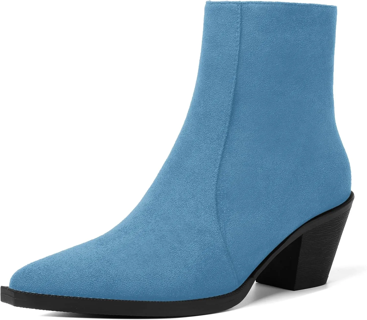 SHOWFOREST Womens Suede Pointed Toe Outdoor Furry Solid Cold Weather Zip Block Low Heel Ankle High Boots 2.2 Inch
