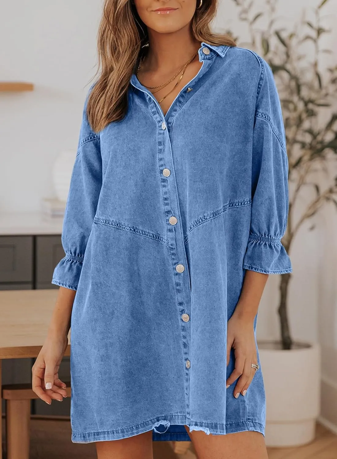 Sidefeel Womens Smocked 3 4 Sleeve Button Down Denim Jeans Dresses
