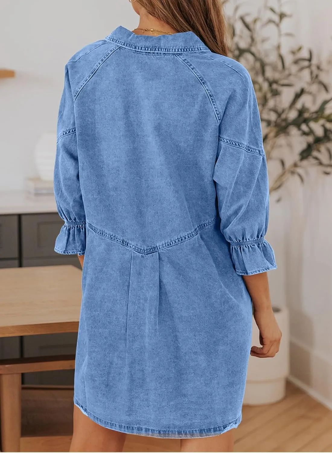 Sidefeel Womens Smocked 3 4 Sleeve Button Down Denim Jeans Dresses