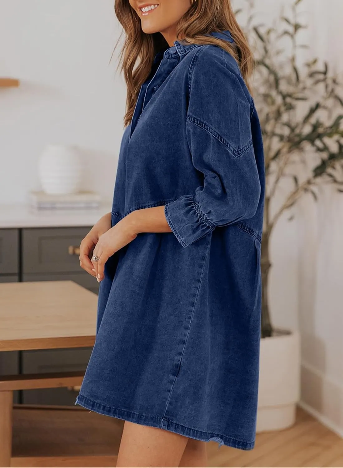 Sidefeel Womens Smocked 3 4 Sleeve Button Down Denim Jeans Dresses