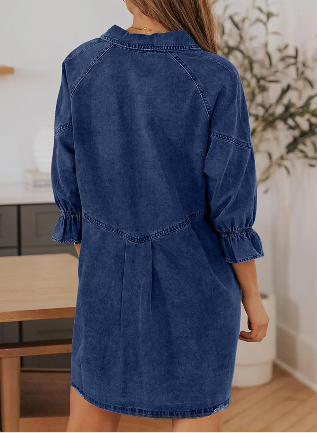 Sidefeel Womens Smocked 3 4 Sleeve Button Down Denim Jeans Dresses