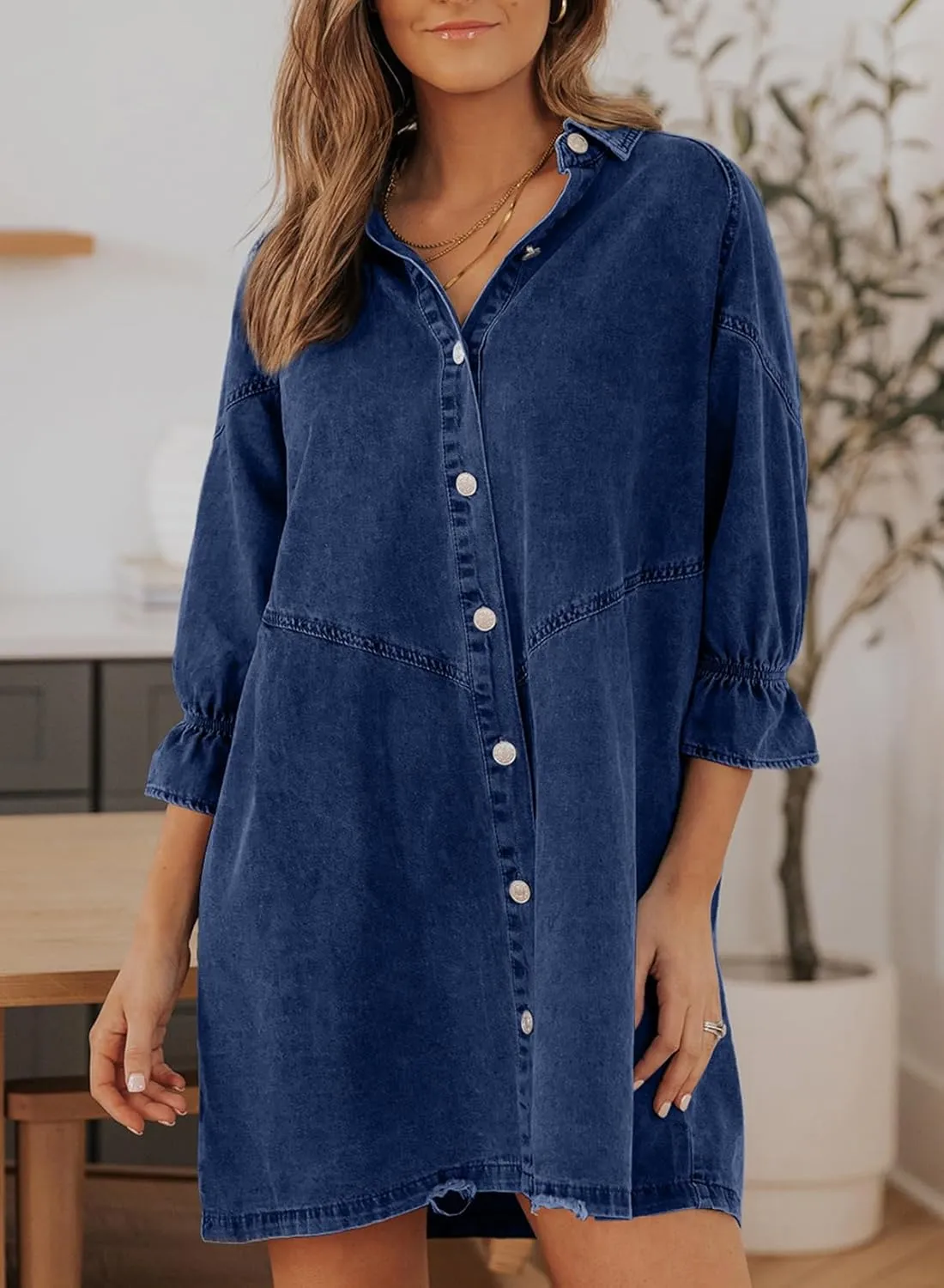 Sidefeel Womens Smocked 3 4 Sleeve Button Down Denim Jeans Dresses