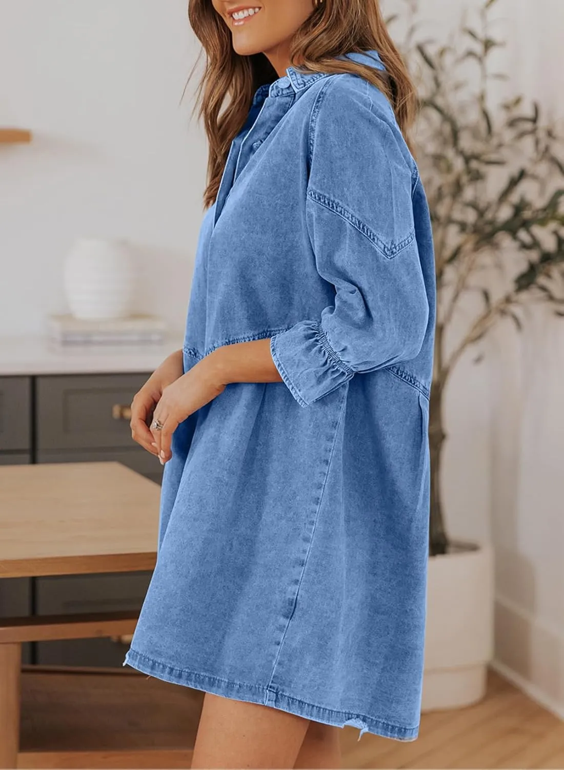Sidefeel Womens Smocked 3 4 Sleeve Button Down Denim Jeans Dresses