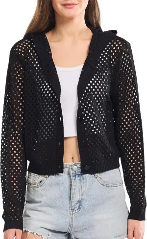 Simple&Opulence Women's Crochet Cardigan Cover Up Lightweight V Neck Summer Mesh Sweater Knit Tops Casual Jacket Hooded
