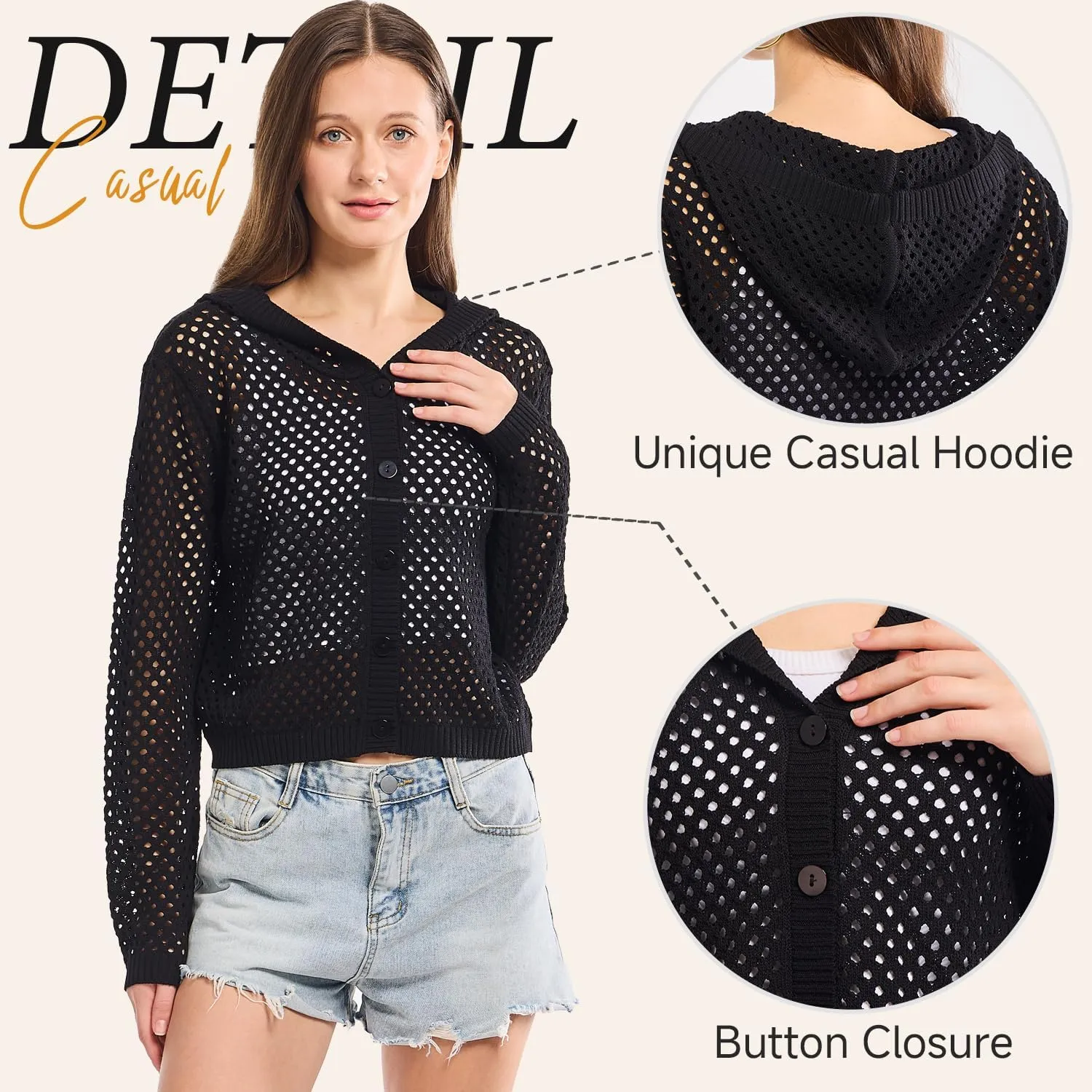 Simple&Opulence Women's Crochet Cardigan Cover Up Lightweight V Neck Summer Mesh Sweater Knit Tops Casual Jacket Hooded