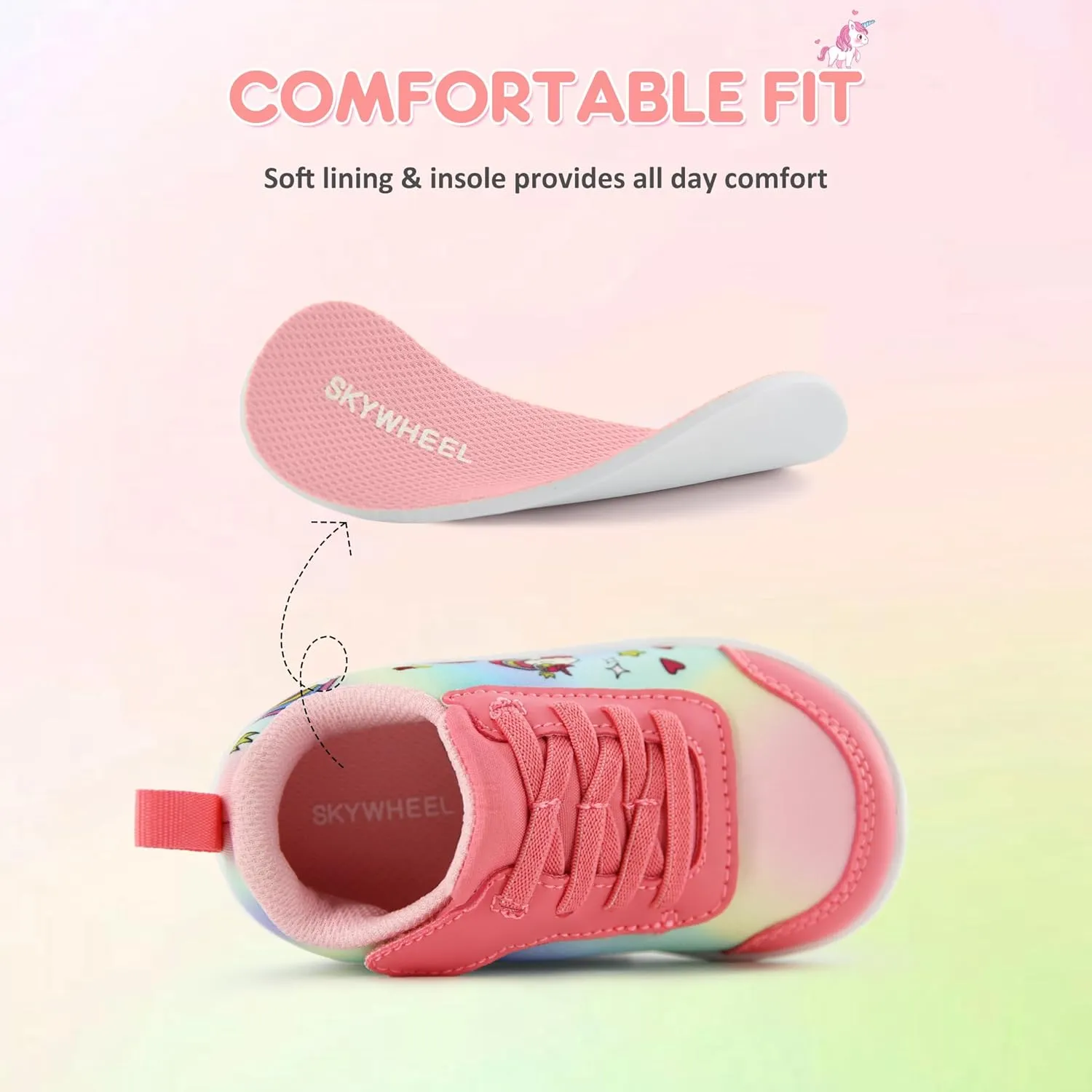 SKYWHEEL Toddler Girls Boys Tennis Shoes Wide Toe Box Barefoot Cartoon Walking Running Sneakers Breathable Slip On Lightweight Shoes for Little Kids