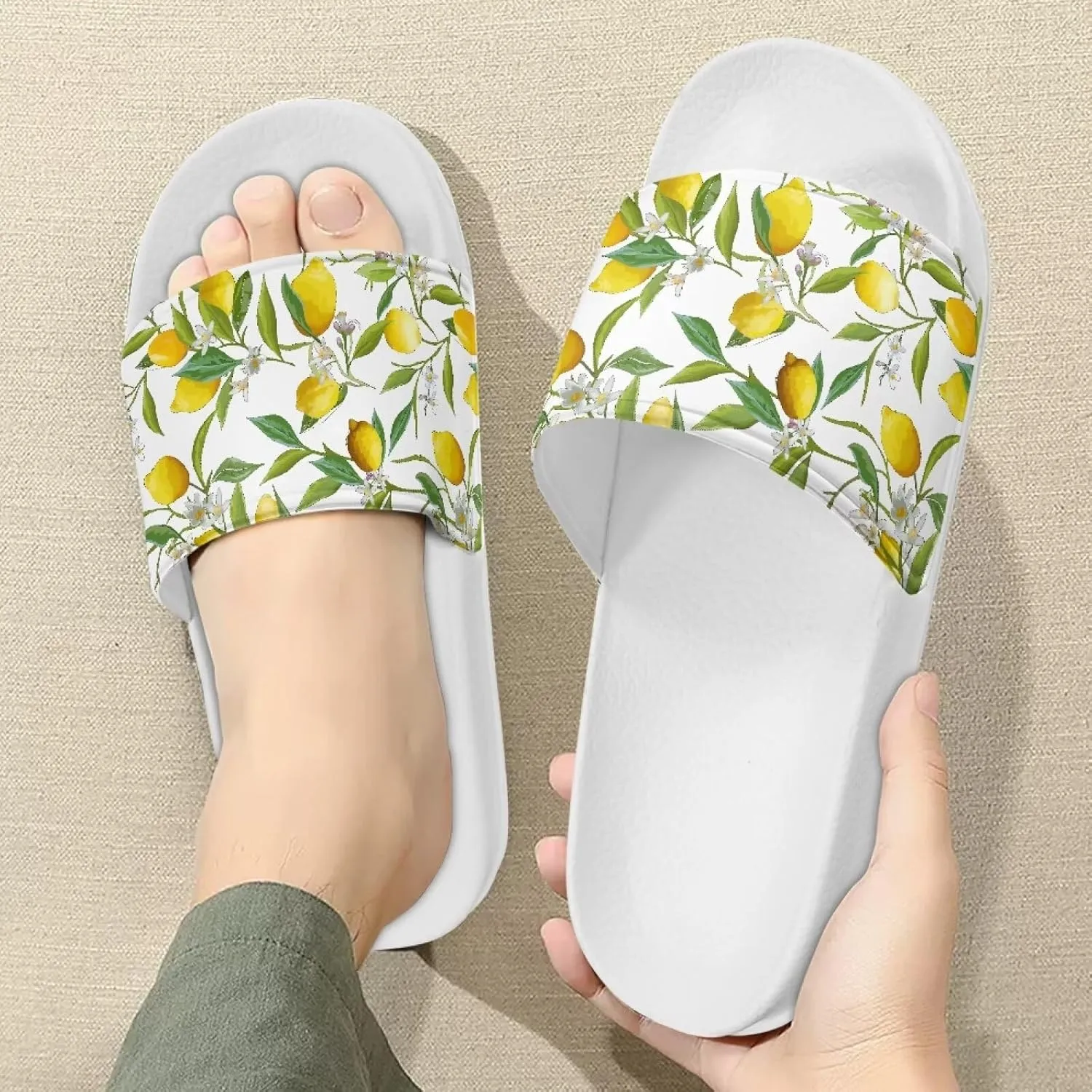 Slide Sandals for Womens Ultra Cushion White Flat Shoes Anti-Slip Sole Leather Sandals Cozy Slippers Wide Width Shower Shoes Quick Drying