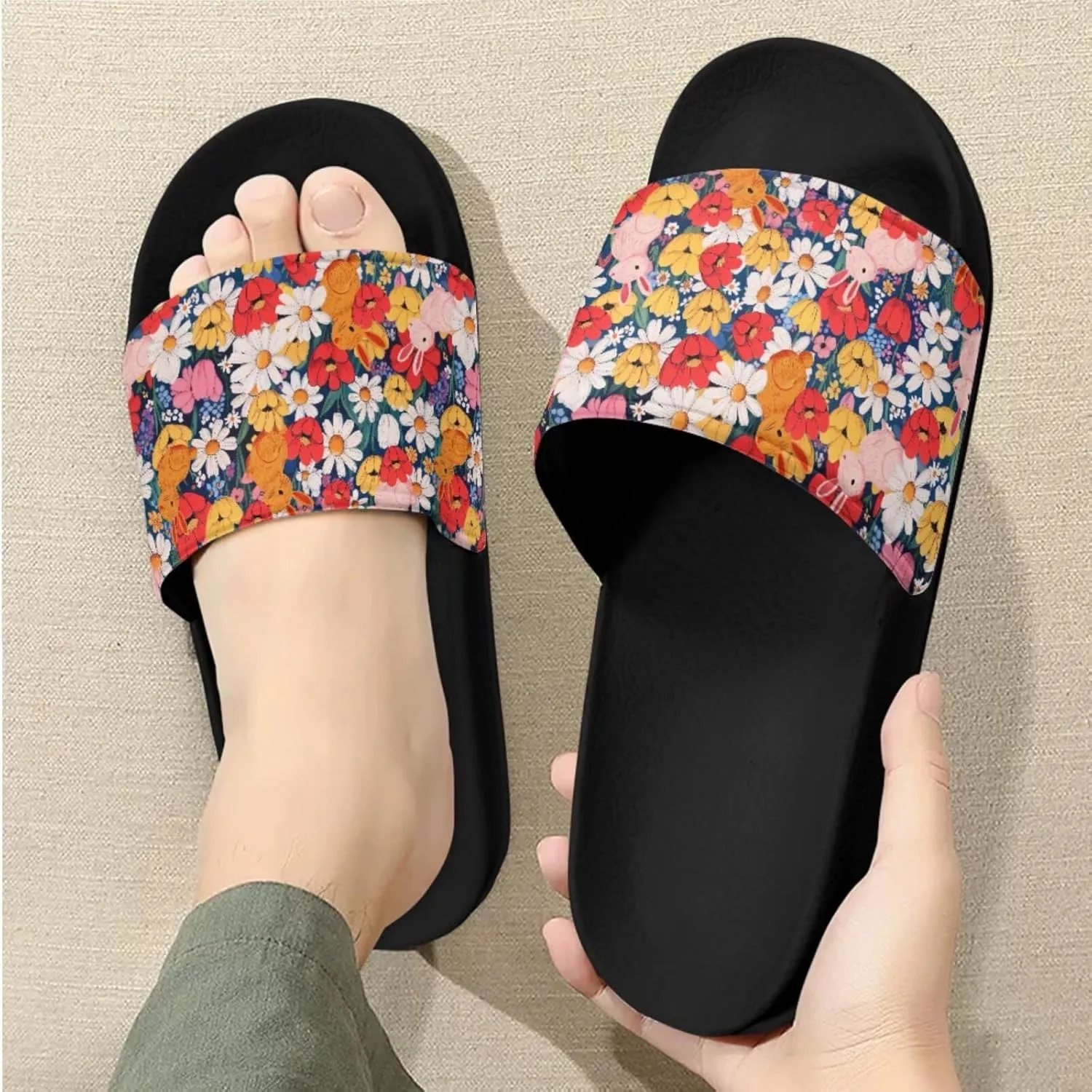 Slide Sandals Slippers for Women and Men, Cozy PU Uppers EVA Sole Non Slip Quick Drying Shower Shoes Bathroom Office