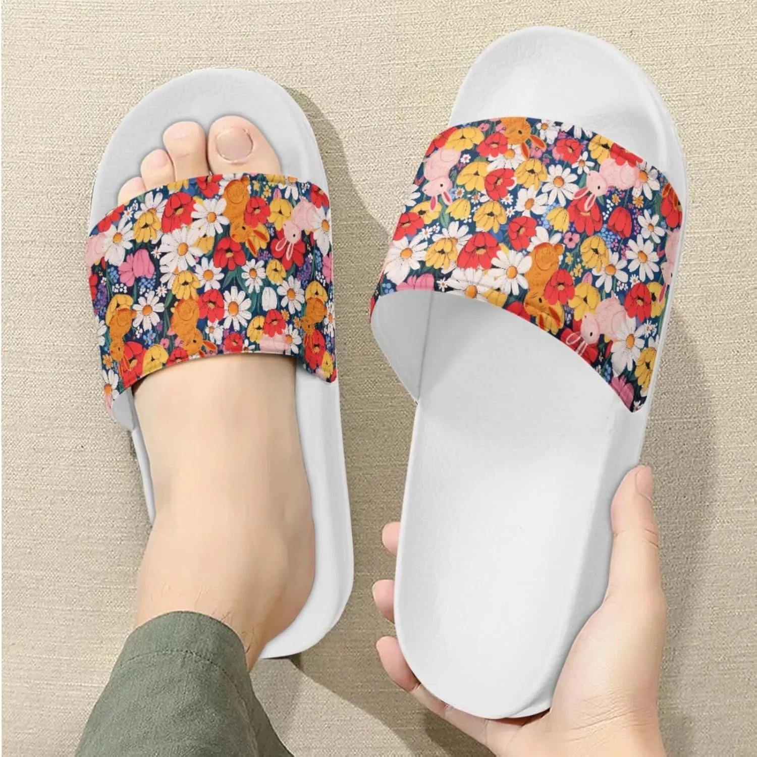Slide Sandals Slippers for Women and Men, Cozy PU Uppers EVA Sole Non Slip Quick Drying Shower Shoes Bathroom Office