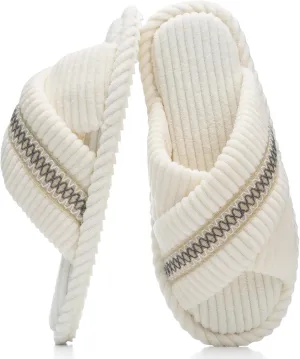 Slippers for Women Memory Foam House Bedroom Corduroy Crossbands Open Toe Slides Sandals Shoes Comfy Trendy Gift for womens Anti-Skid sole