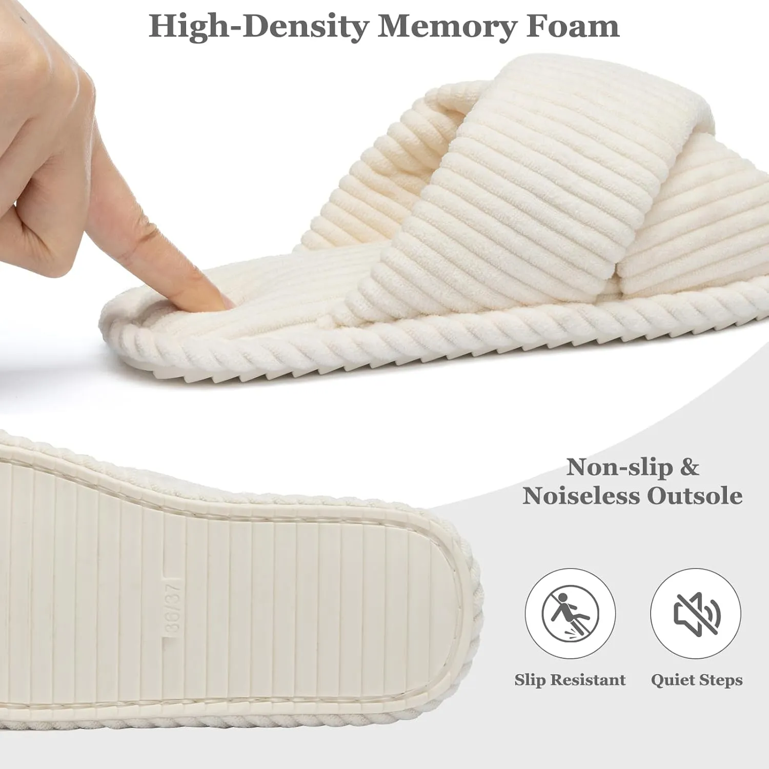 Slippers for Women Memory Foam House Bedroom Corduroy Crossbands Open Toe Slides Sandals Shoes Comfy Trendy Gift for womens Anti-Skid sole