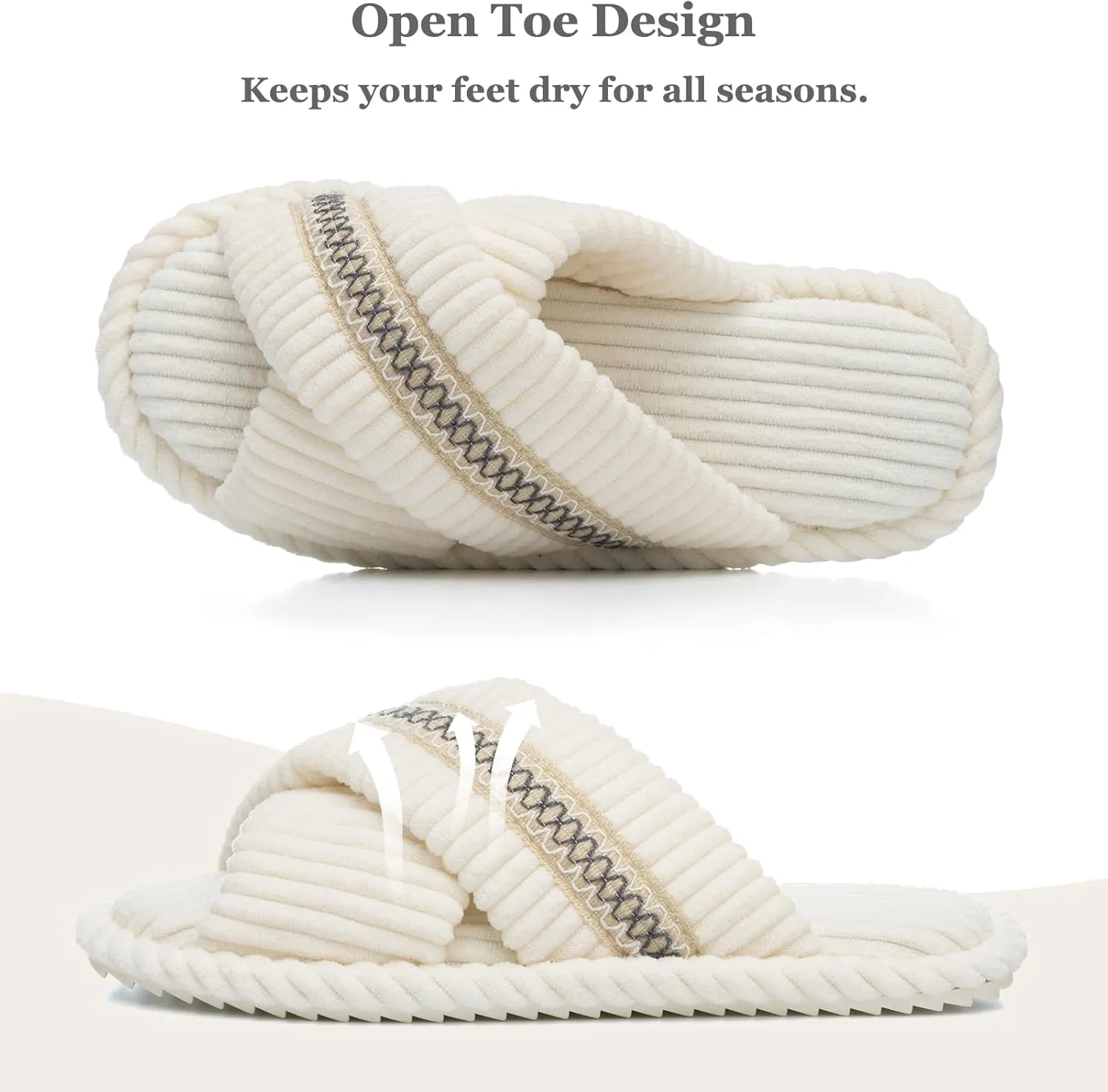 Slippers for Women Memory Foam House Bedroom Corduroy Crossbands Open Toe Slides Sandals Shoes Comfy Trendy Gift for womens Anti-Skid sole